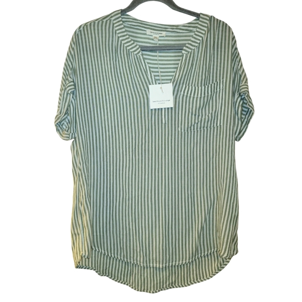 Beachlunchlounge, NWT, Flowy Top, V-Neck, Green + White Stripes, Women's sz M/M